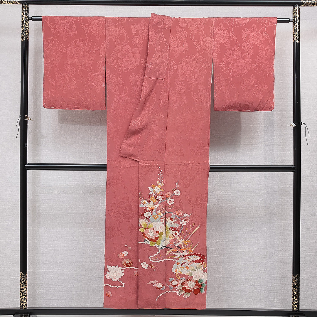 付下げ 袷 身丈150cm 裄丈62cm 正絹 Sランク 紋意匠 (花蝶) インフォーマル 広衿 Sサイズ 扇 牡丹 赤系 M4 1218-15510