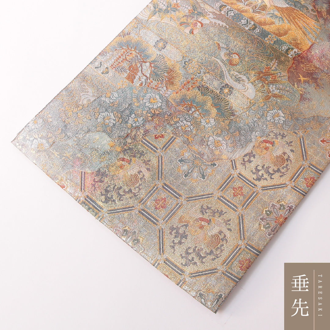 袋帯 帯丈456cm 正絹 全通 リバーシブル フォーマル 鏡裏文 格天井 金系 グレー系 1243-01842