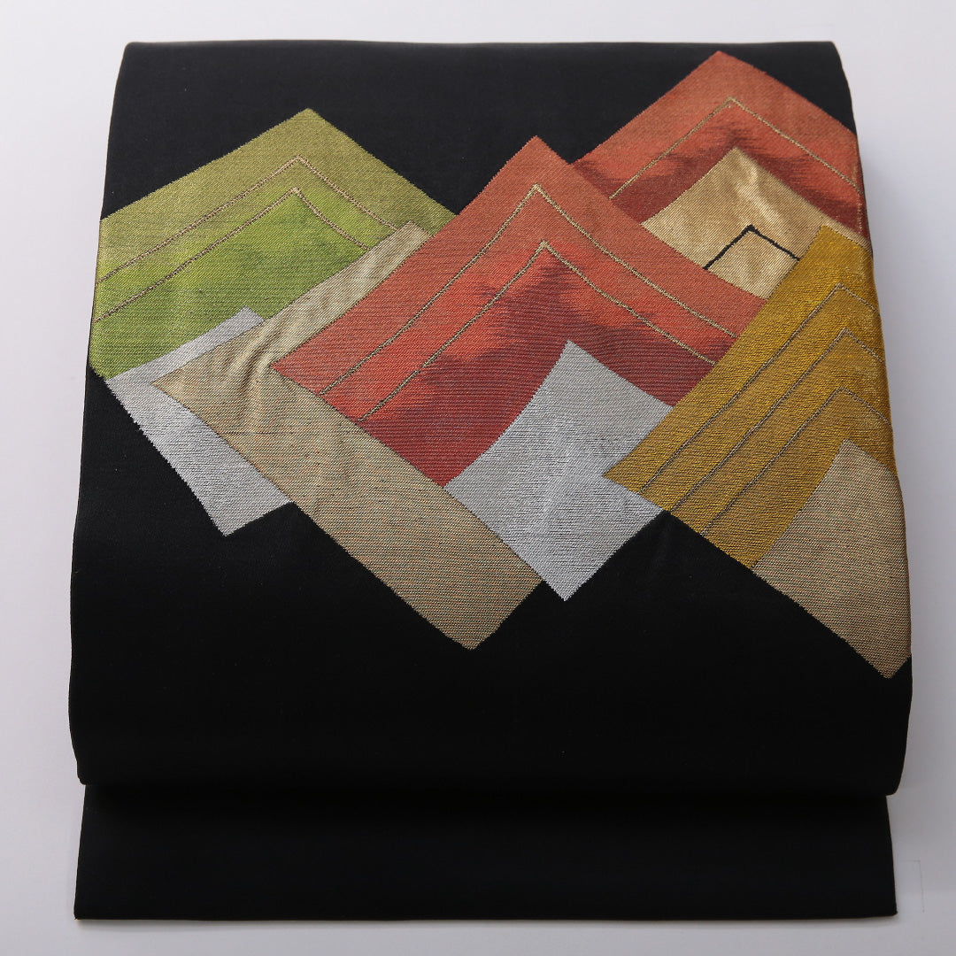 九寸名古屋帯 帯丈355cm カジュアル 名古屋仕立て ポイント柄 Sランク 正絹 創作柄 黒系 1224-03507