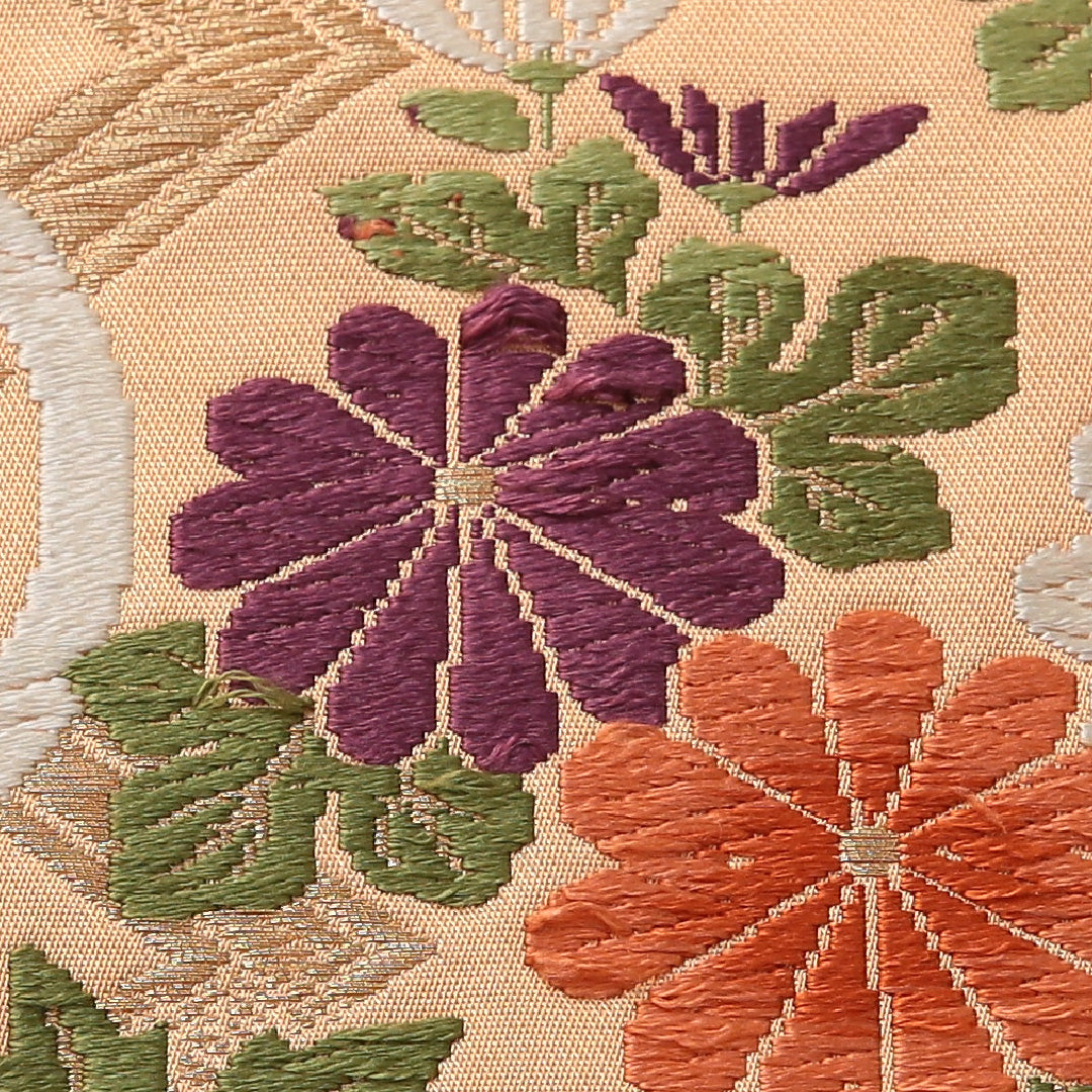 九寸名古屋帯 帯丈354cm セミフォーマル 名古屋仕立て ポイント柄 Cランク 正絹 菊 朱系 1224-03552