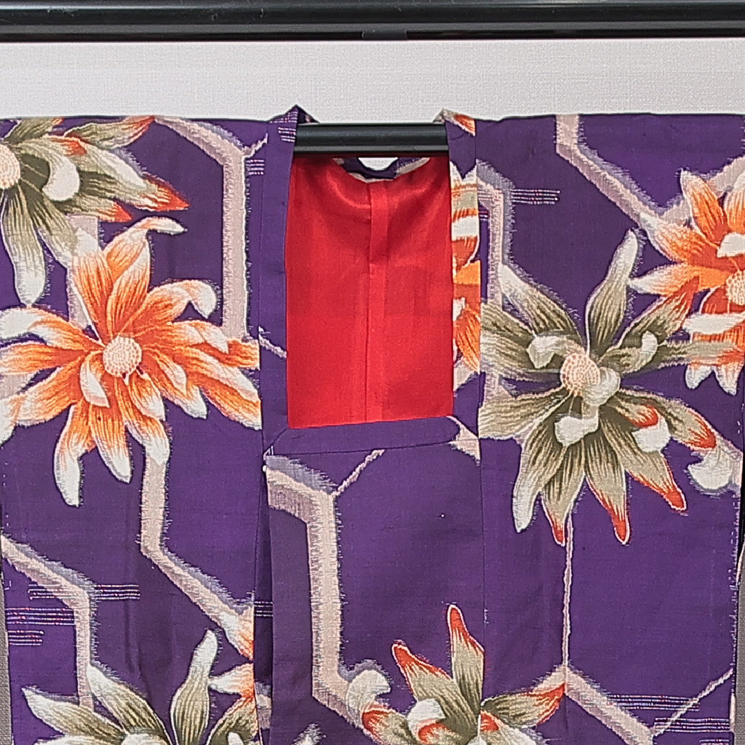 アンティーク 道行コート（銘仙） 袷 身丈86cm 裄丈64cm 正絹 Aランク Mサイズ 亀甲 花柄 青系 1263-15179