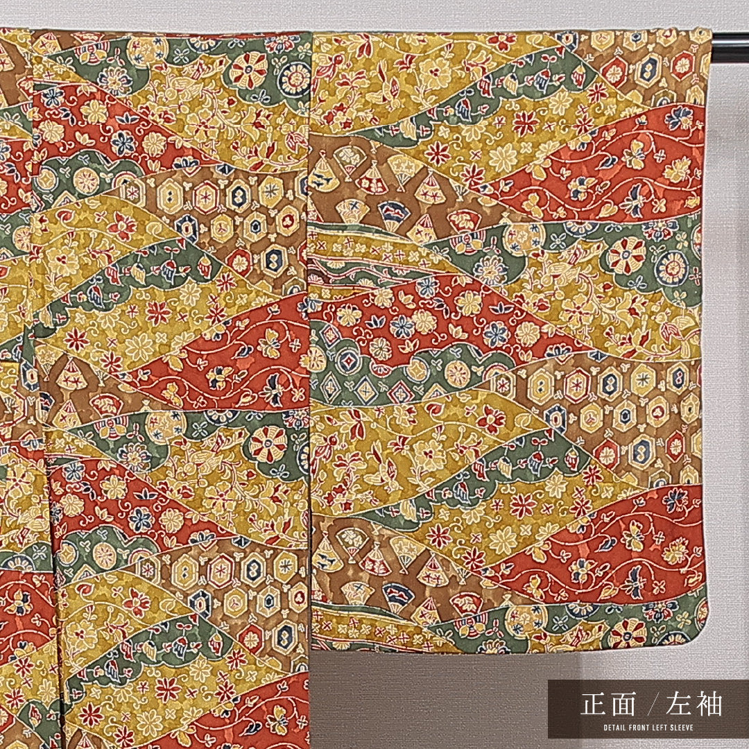 小紋 袷 身丈167cm 裄丈64cm 正絹 Sランク インフォーマル 広衿 XLサイズ 植物柄 茶系 RP 1221-15361