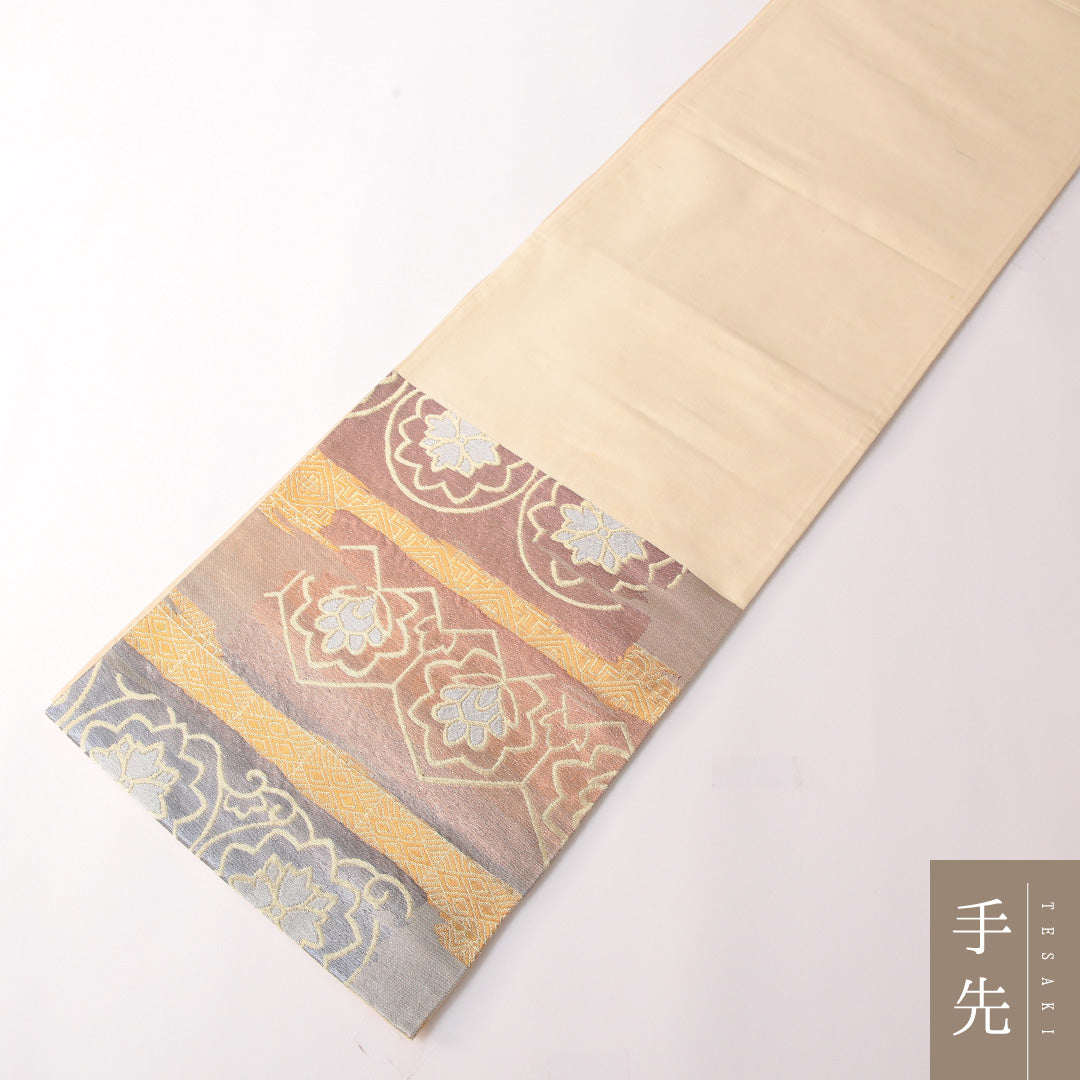 袋帯 帯丈420cm 正絹 六通 フォーマル 唐華 古典柄 グレー系 水色系 1243-01762