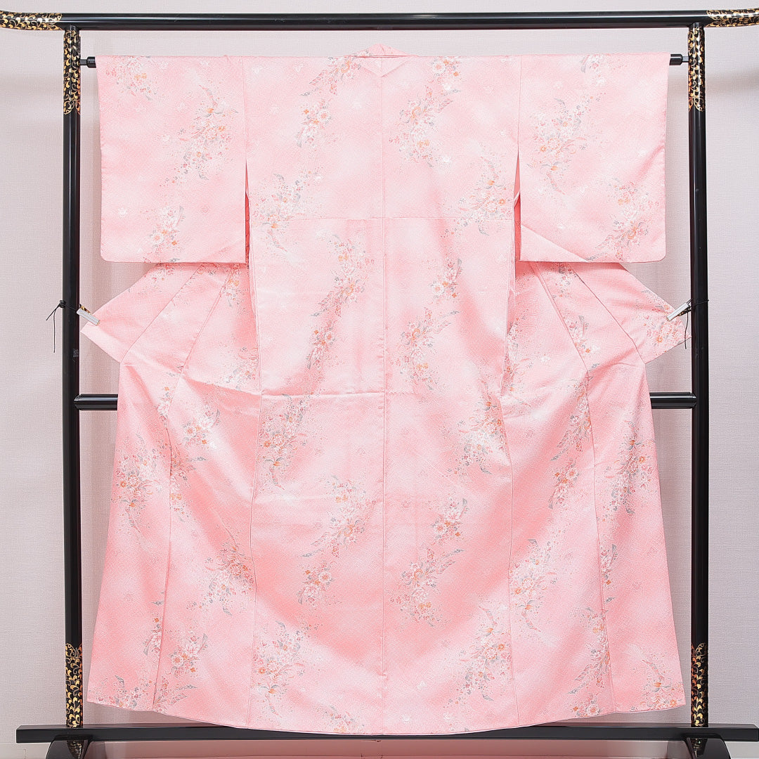 洗える着物 小紋 袷 身丈157cm 裄丈63cm ポリエステル Sランク インフォーマル 広衿 Mサイズ 熨斗 橘 ピンク系 RP 1221-16369