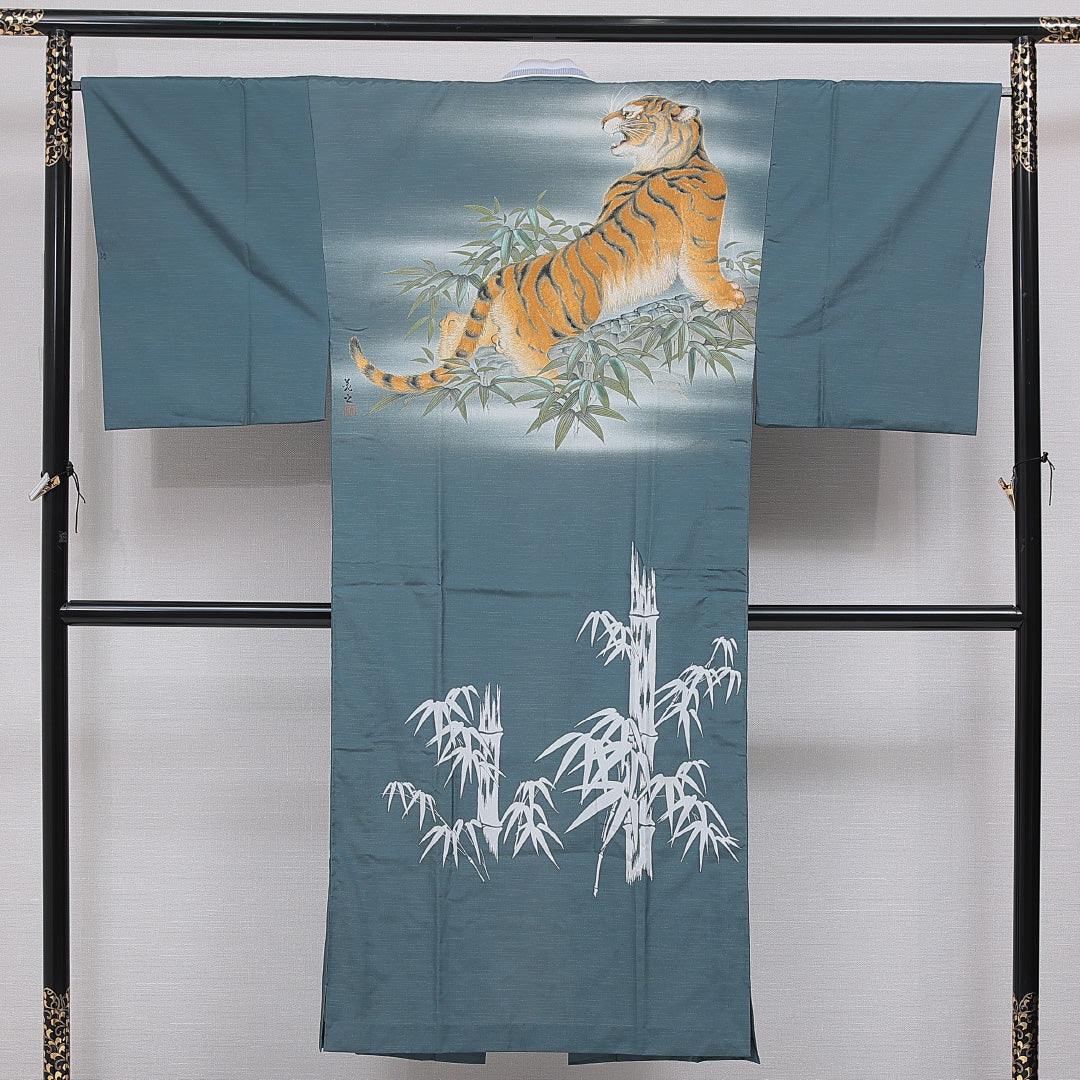 長襦袢 男性用 無双袖 身丈142cm 裄丈67cm 正絹 Cランク Lサイズ 落款 笹 虎 水色系 LP 1241-16719