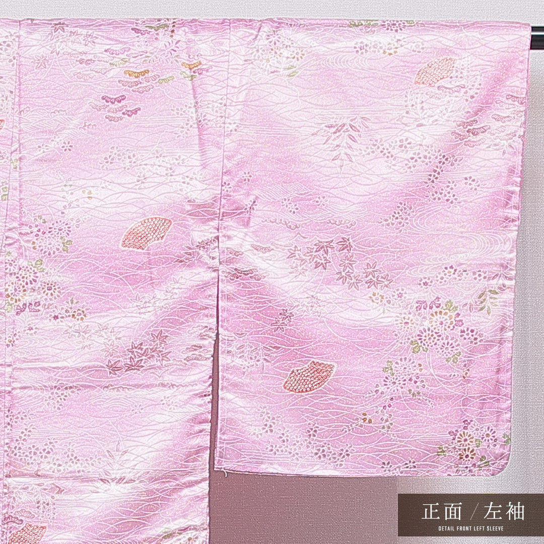 洗える着物 小紋 袷 身丈156cm 裄丈63cm ポリエステル Sランク インフォーマル 広衿 Mサイズ 芝草 菊 紅葉 ピンク系 RP 1221-15979