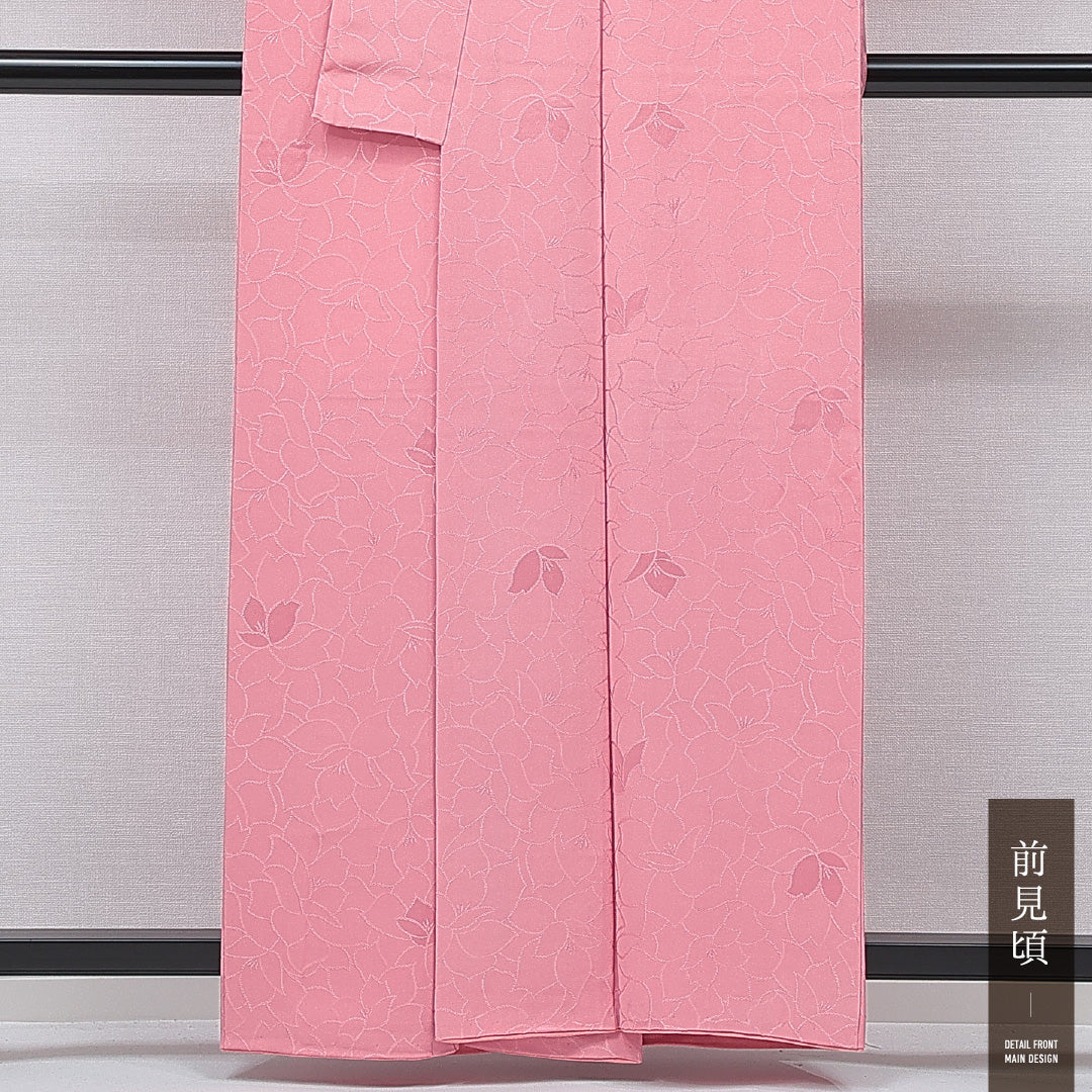 色無地 袷 身丈160cm 裄丈63cm 正絹 Aランク 一つ紋 (五三桐) 紋意匠 (花柄) セミフォーマル 広衿 Lサイズ 織り出し ピンク系 RP 1219-15779