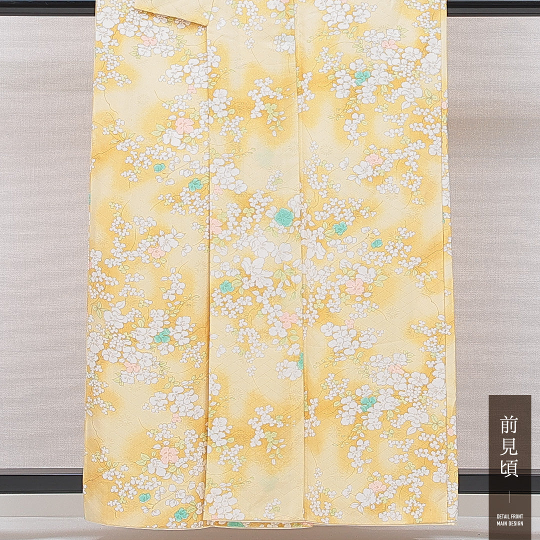 小紋 袷 身丈159cm 裄丈64cm 正絹 Cランク インフォーマル 広衿 Mサイズ 花柄 黄系 HP 1221-15097