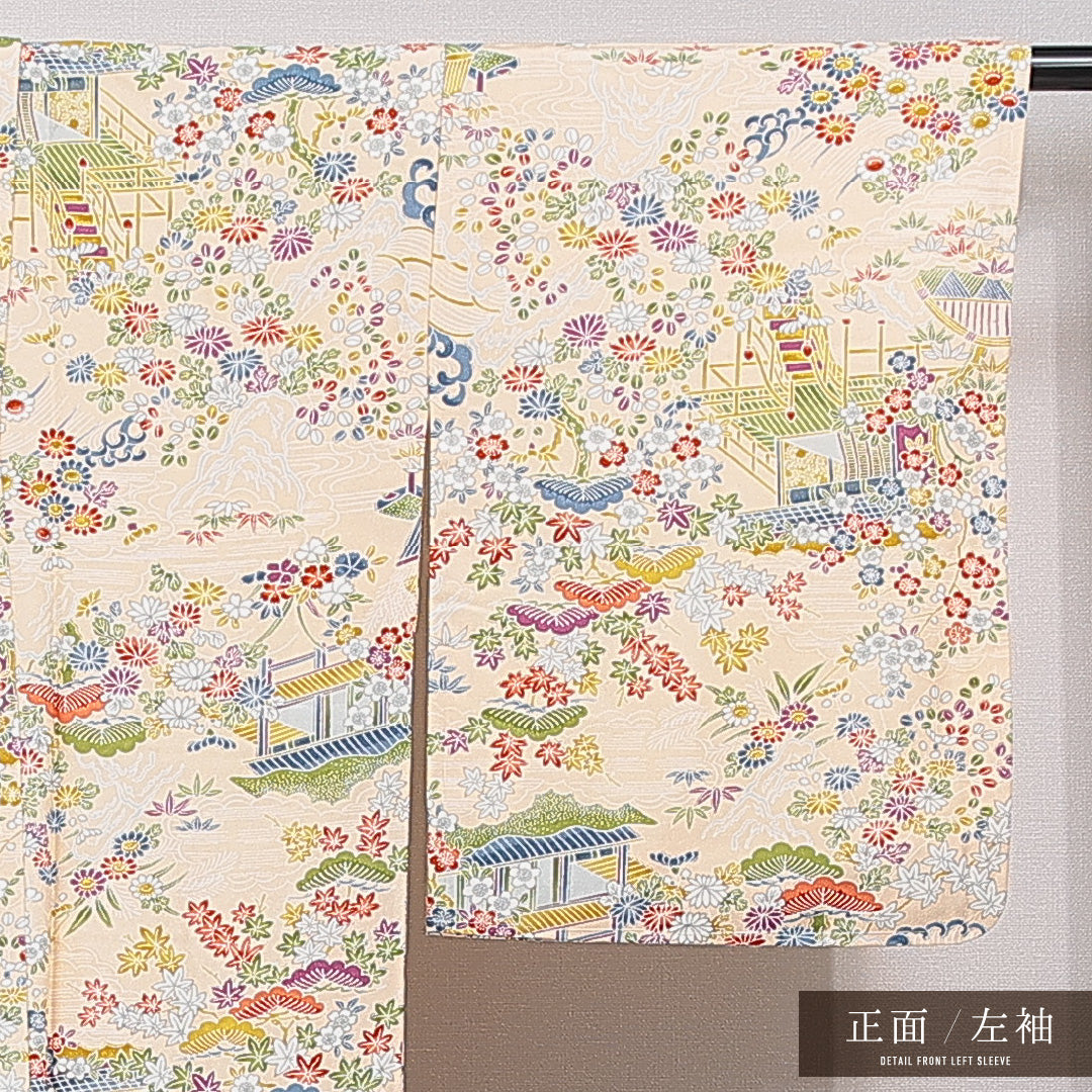 未使用品 小紋 袷 身丈165cm 裄丈64cm 正絹 Nランク インフォーマル バチ衿 XLサイズ 御所解 紅葉 クリーム系 RP 1221-15376