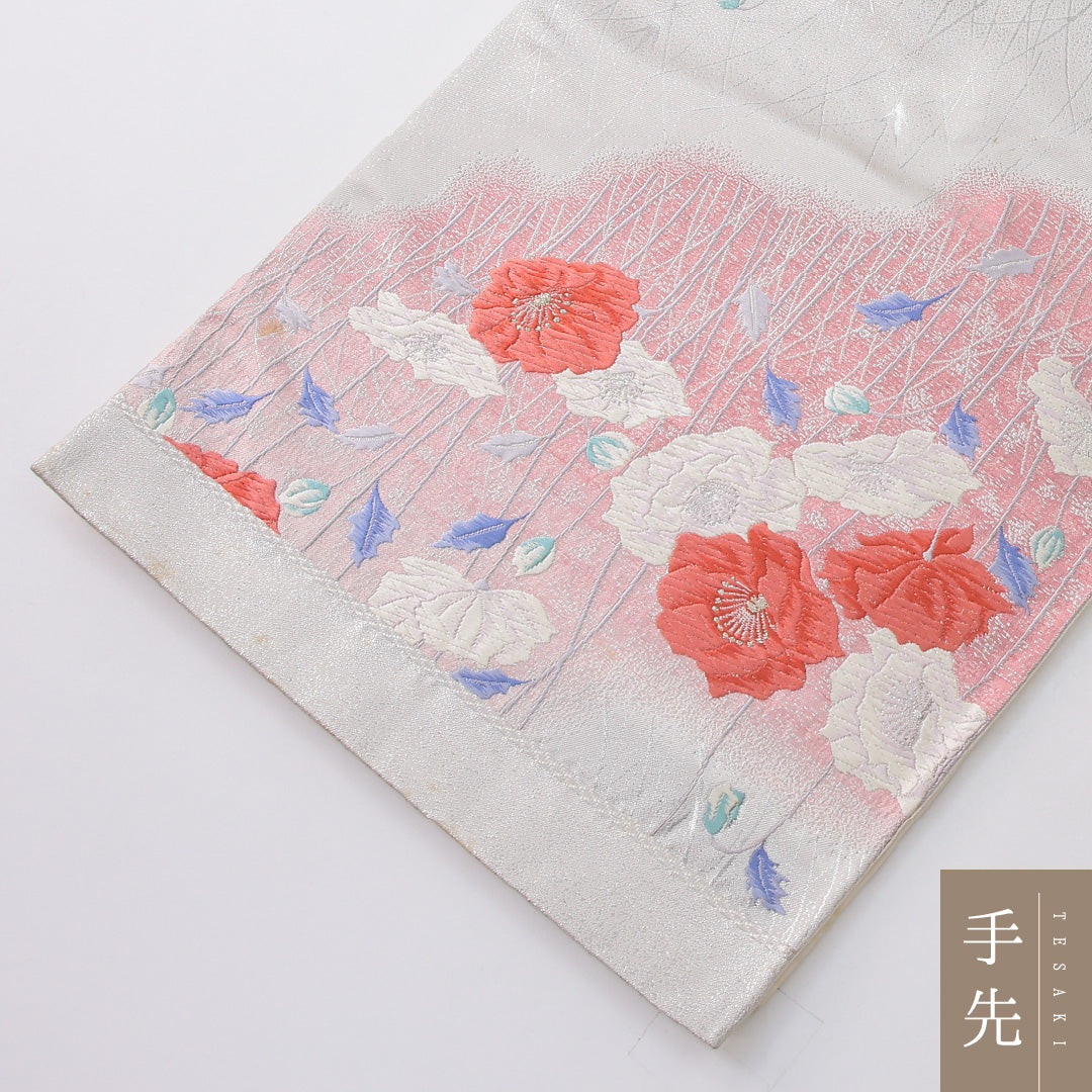 袋帯 帯丈436cm セミフォーマル 六通 帯芯なし Cランク 正絹 花柄 銀系 1223-02238