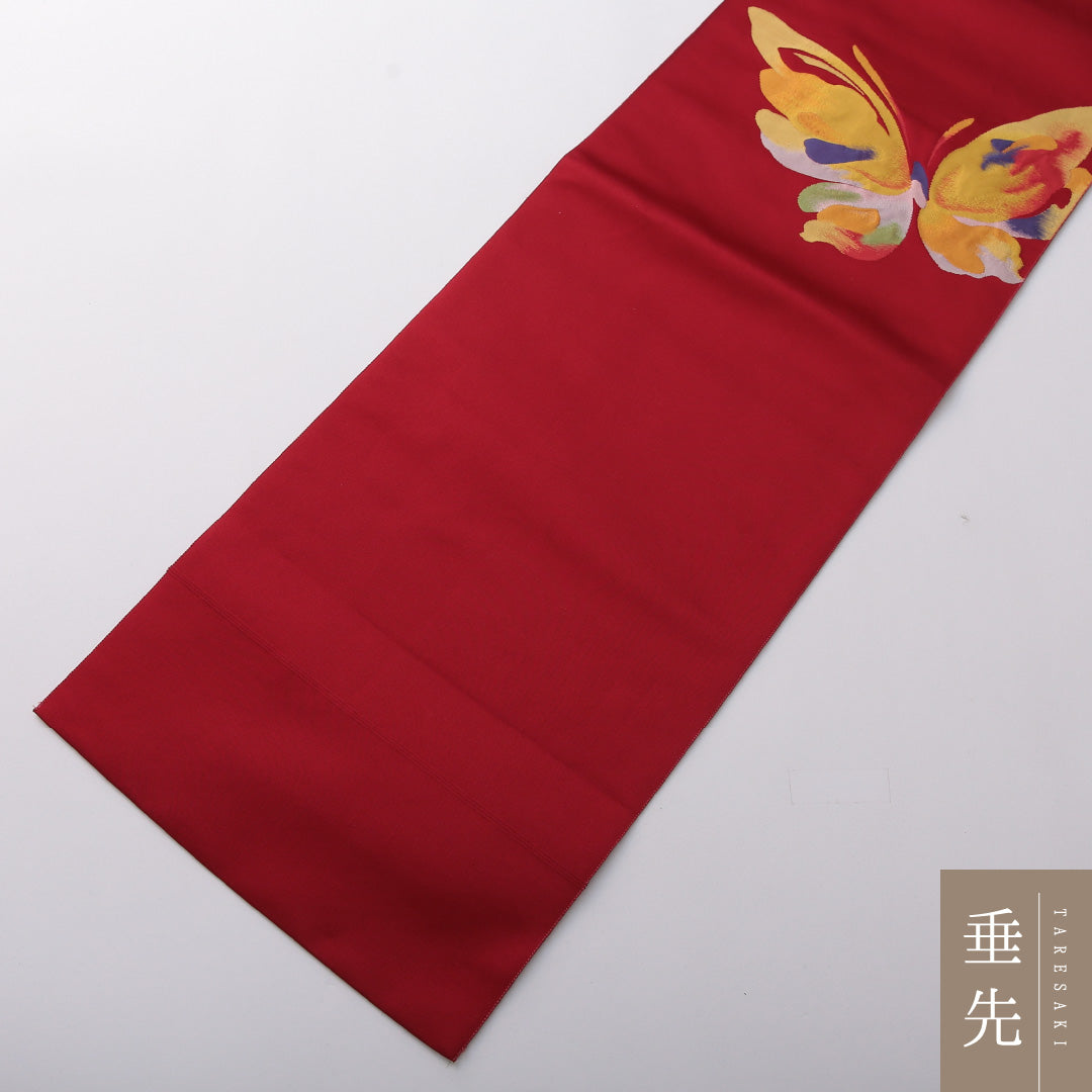 八寸名古屋帯 Sランク 帯丈356cm 正絹 ポイント柄 松葉仕立て 織り カジュアル 蝶 赤系 RP 1245-03427