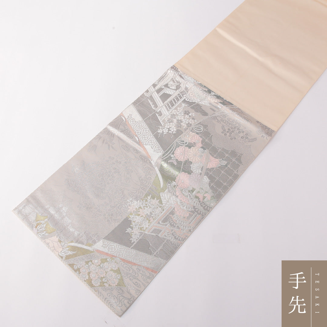 袋帯 帯丈416cm フォーマル 六通 Cランク 正絹 吉祥文様 銀系 1223-01768