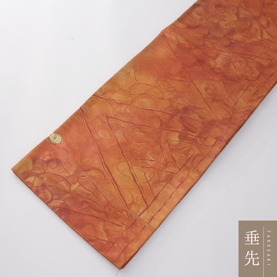 未使用品 袋帯 帯丈428cm 正絹 六通 インフォーマル ふくれ織 創作柄 証紙 朱系 1243-02289