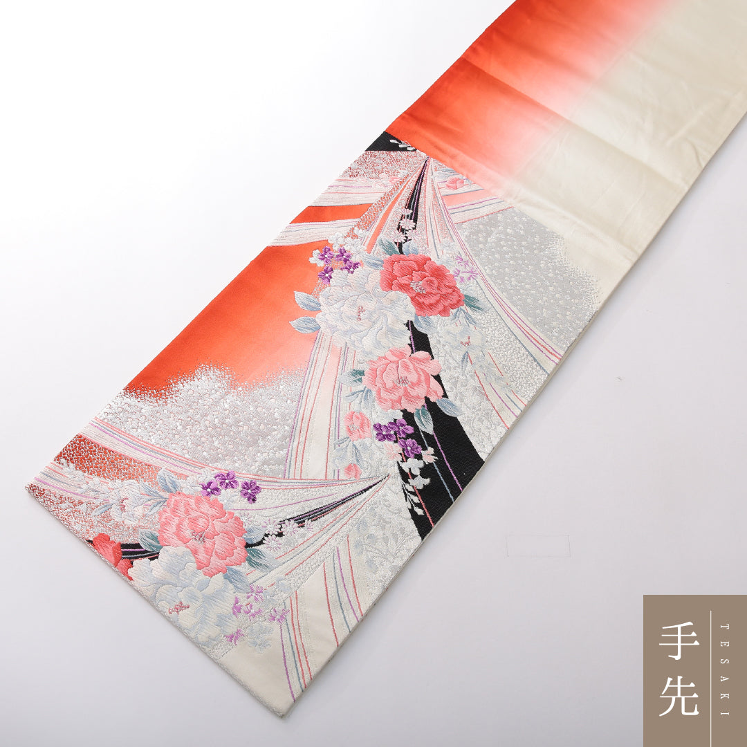振袖用 袋帯 帯丈436cm 正絹 六通 花柄 吉祥文様 クリーム系 1243-02153