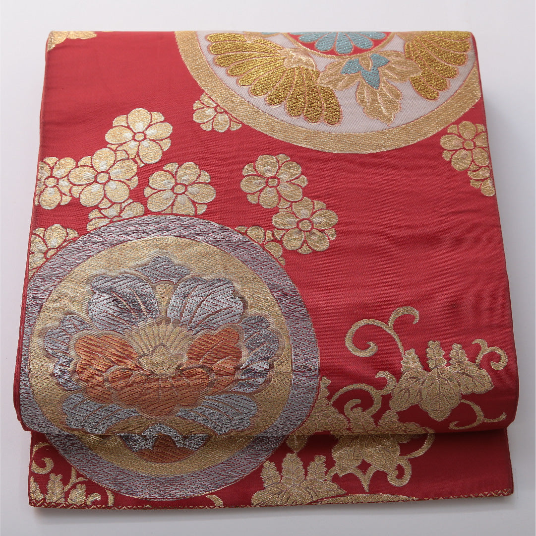 九寸名古屋帯 帯丈396cm セミフォーマル 開き仕立て 六通 Cランク 正絹 有職文様 赤系 1224-03499