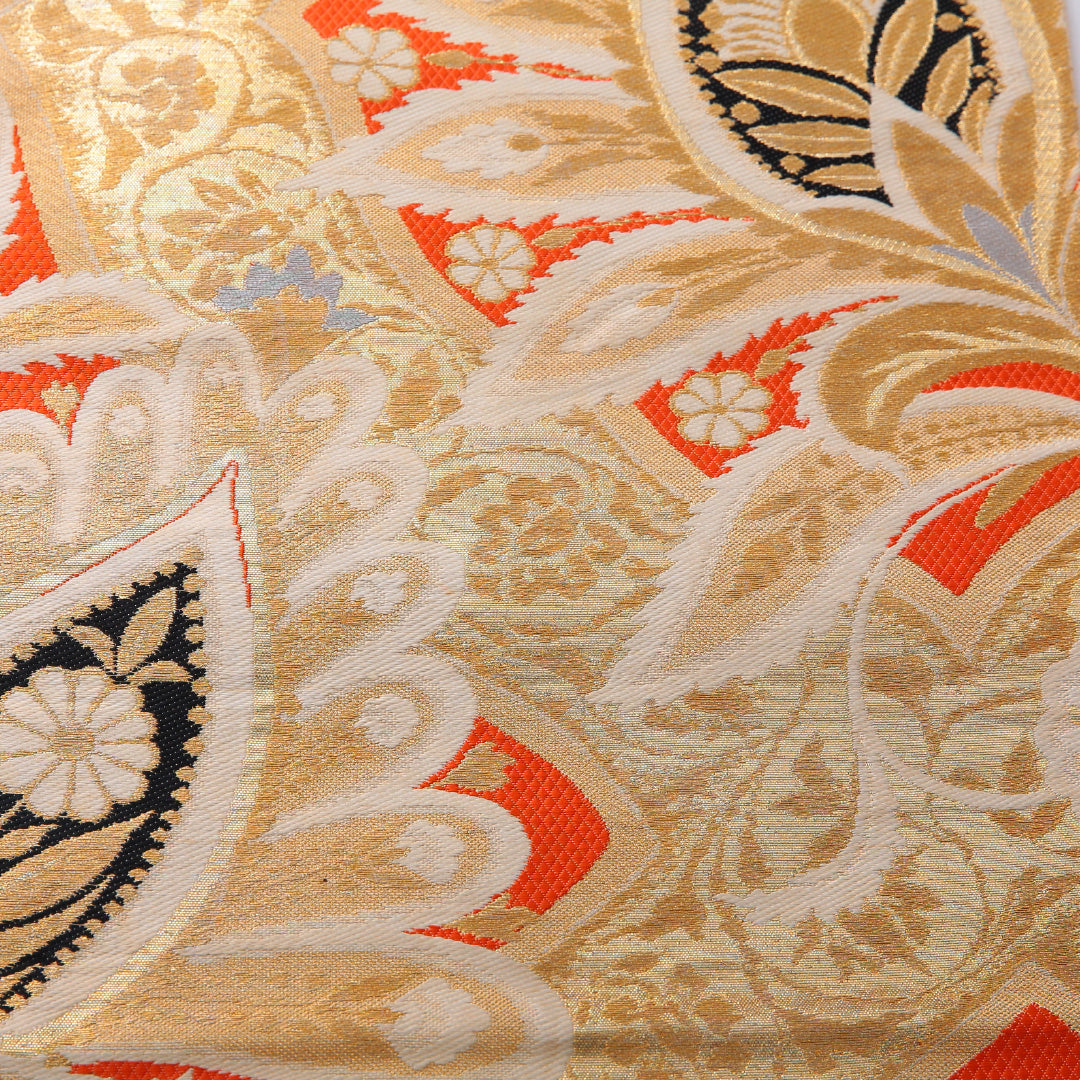 アンティーク 袋帯 帯丈412cm 六通 未仕立て 帯芯なし Cランク 正絹 植物柄 金系 1223-01991