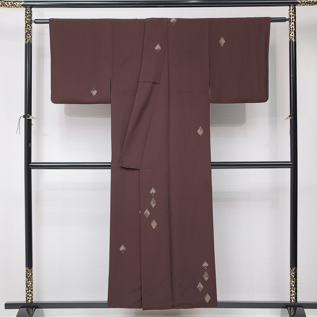 小紋 袷 身丈152cm 裄丈62cm 正絹 Sランク インフォーマル バチ衿 Sサイズ 菱 茶系 RP 1221-15154