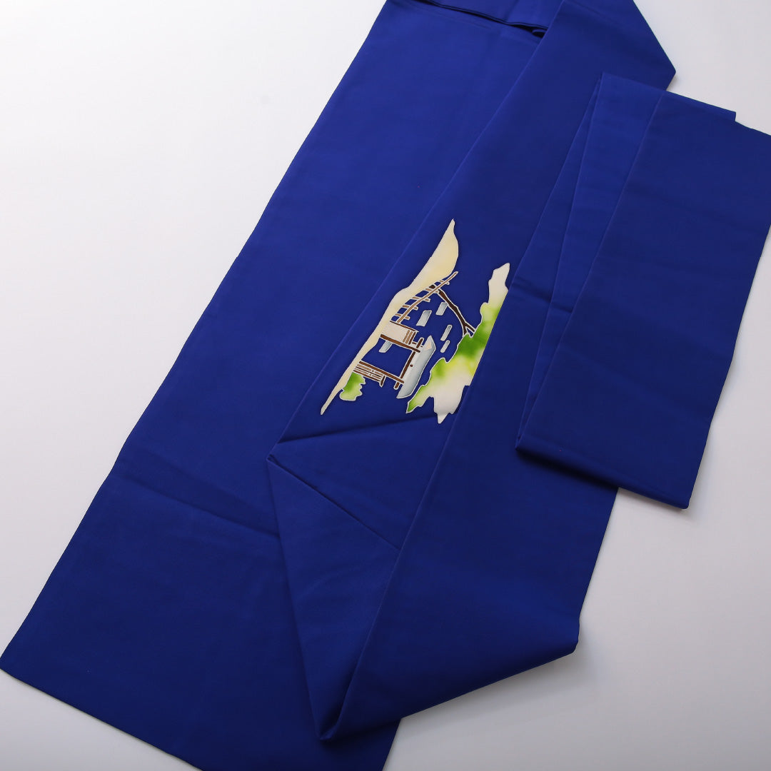 九寸名古屋帯 帯丈381cm カジュアル 名古屋仕立て ポイント柄 Bランク 正絹 染め帯 塩瀬 風景柄 青系 1224-03494