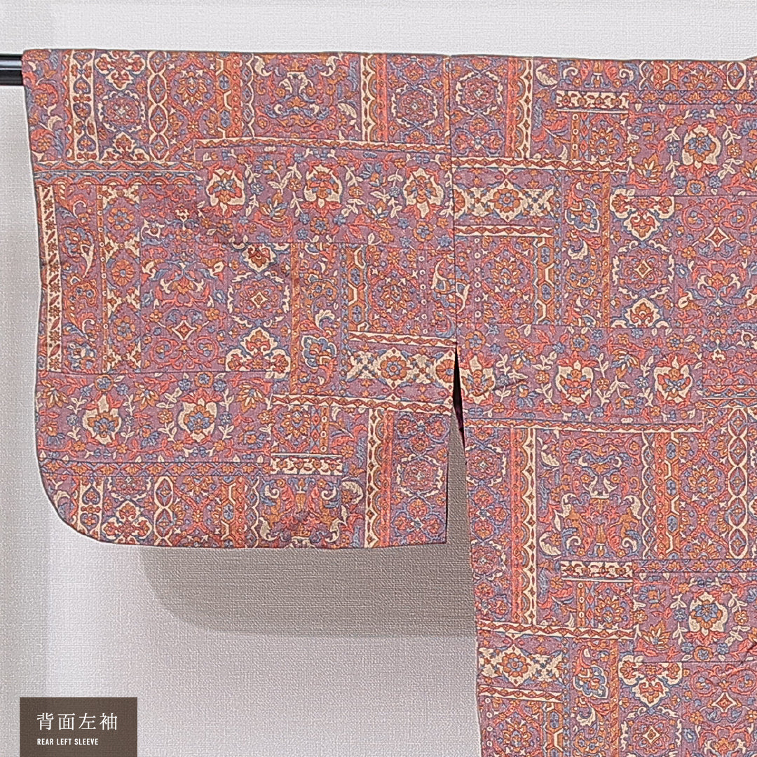 道中着 袷 身丈83cm 裄丈64cm 正絹 Sランク カジュアル Mサイズ 更紗 更紗 異国風 淡い 紫系 RP 1236-16788