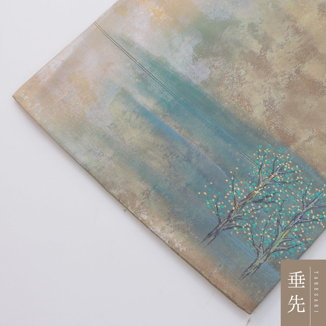 袋帯 帯丈432cm 大原の里 セミフォーマル ポイント柄 Sランク 正絹 風景柄 作家物 落款 金系 1223-02328