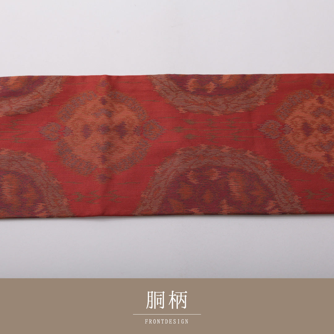 九寸名古屋帯 帯丈357cm カジュアル 名古屋仕立て 六通 Aランク 正絹 創作柄 赤系 朱系 1224-03501