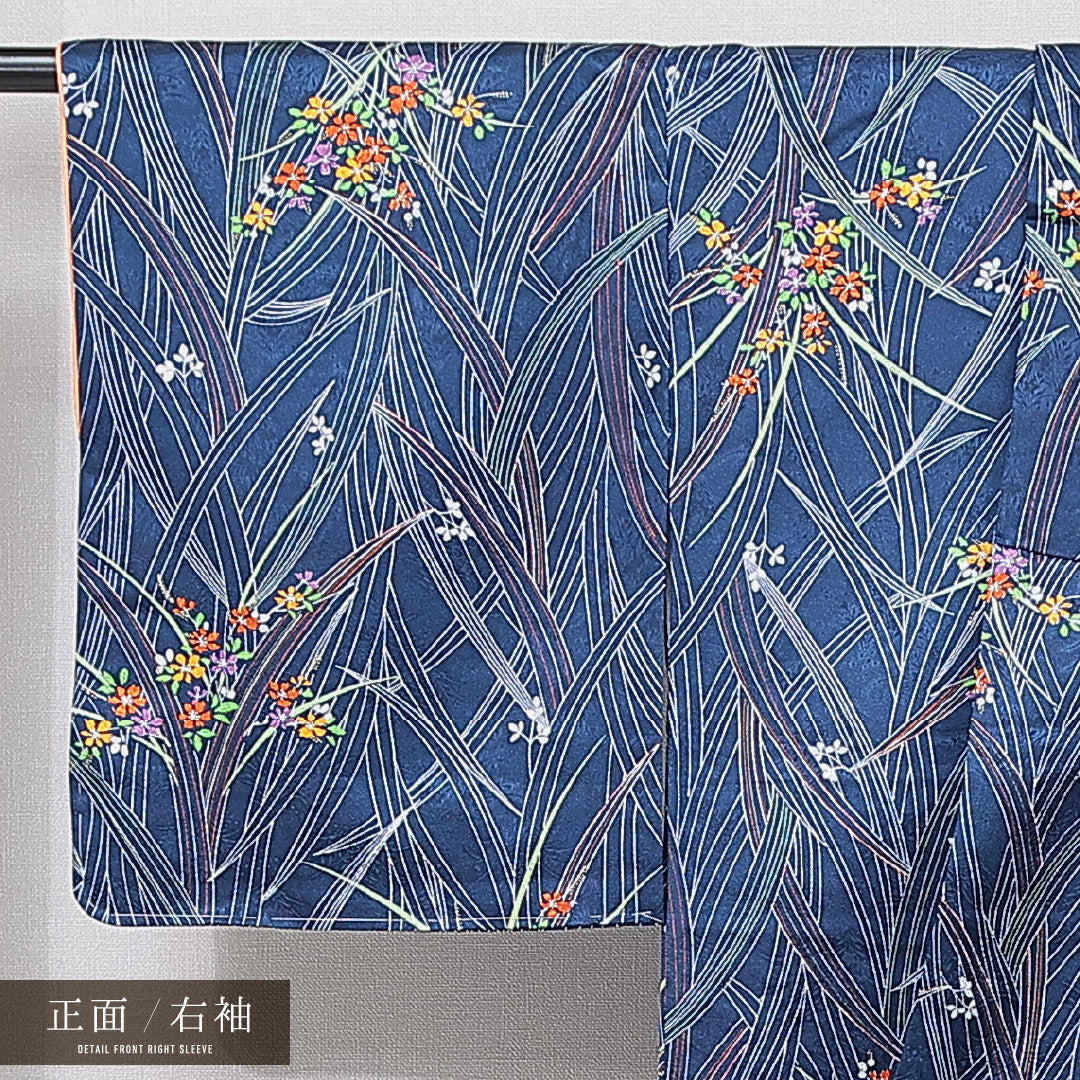 洗える着物 小紋 袷 身丈163cm 裄丈64cm ポリエステル Sランク インフォーマル 広衿 Lサイズ 花柄 青系 RP 1221-15845