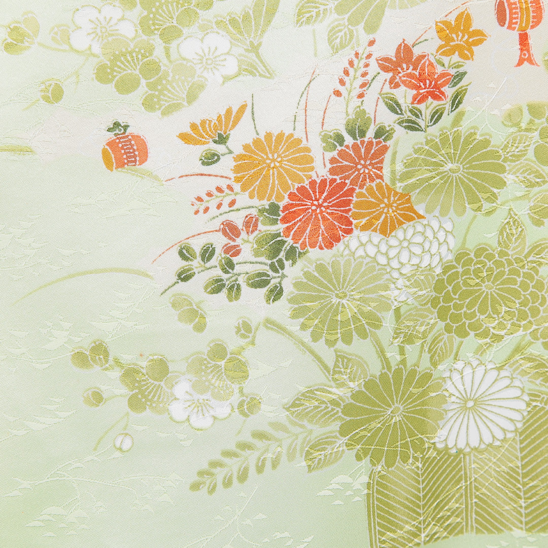 小紋 洗える着物 袷 身丈157cm 裄丈66cm ポリエステル Cランク Mサイズ 広衿 インフォーマル 光悦垣 菊 緑系 1215-16385