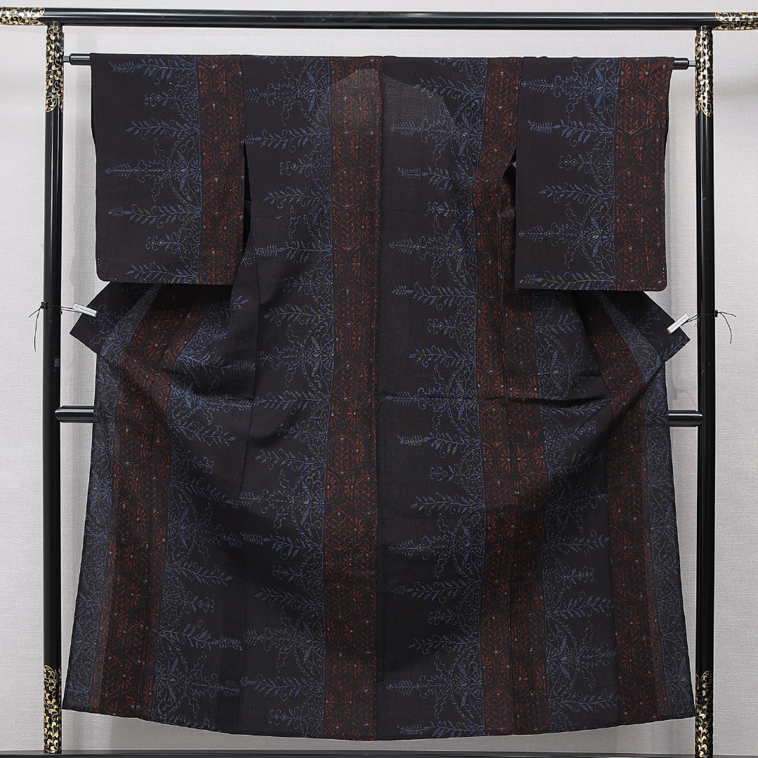 紬 単衣 身丈155cm 裄丈62cm 正絹 Sランク Mサイズ バチ衿 カジュアル 創作柄 茶系 1216-15666