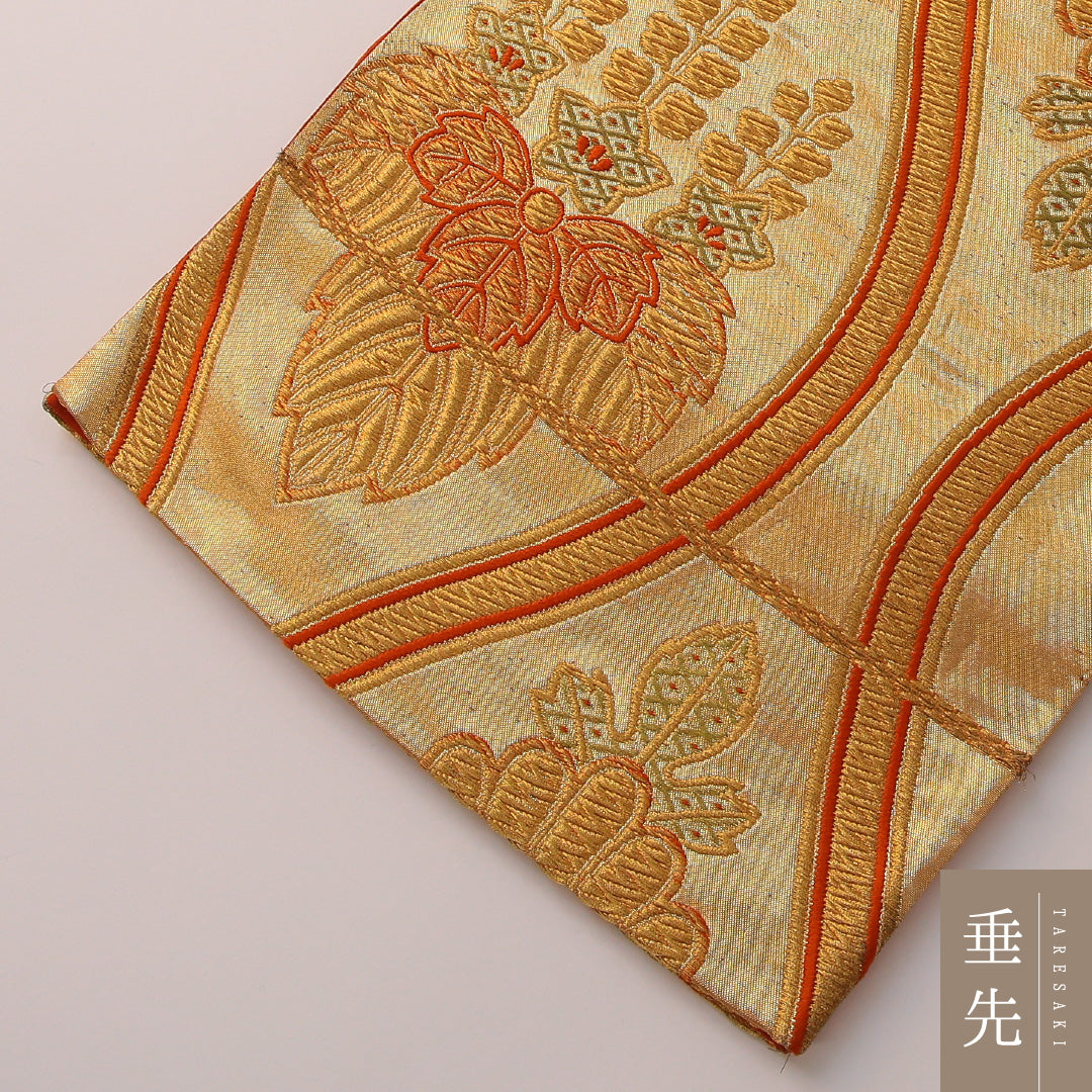 袋帯 帯丈412cm 正絹 六通 フォーマル 立涌 桐 吉祥文様 金系 朱系 1243-01908