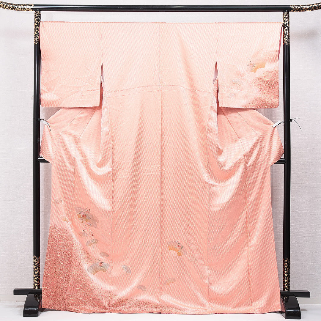 付下げ 袷 身丈169cm 裄丈67cm 正絹 Sランク インフォーマル 広衿 XLサイズ 蘇州刺繍 扇 菊 朱系 RP 1218-15541