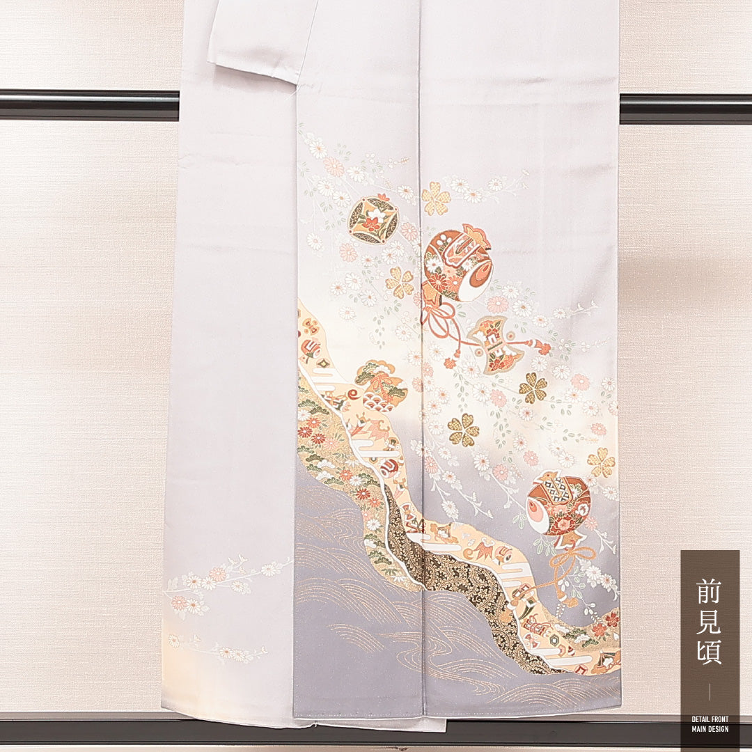 訪問着 袷 身丈150cm 裄丈62cm 正絹 Sランク Sサイズ 広衿 一つ紋（丸に九曜） セミフォーマル 小槌 吉祥文様 金駒刺繍 グレー系 1212-16878