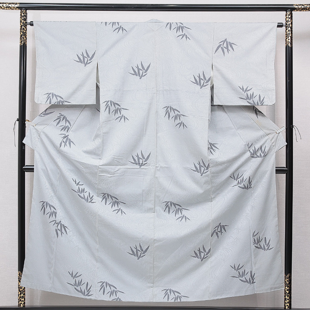 紬 袷 身丈156cm 裄丈63cm 正絹 Cランク Mサイズ バチ衿 カジュアル 笹 水色系 1216-15651