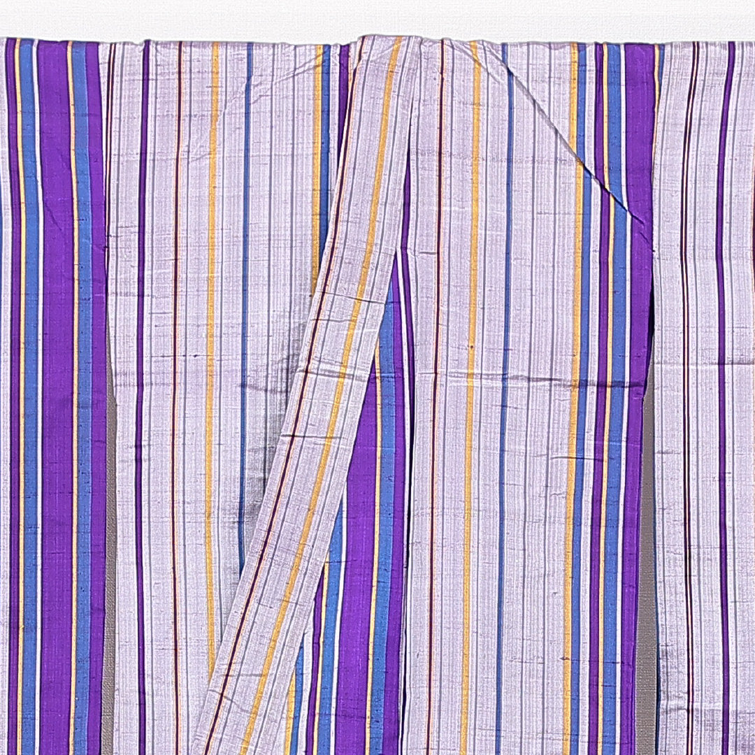 アンティーク 紬 単衣 身丈143cm 裄丈62cm 正絹 Aランク XSサイズ バチ衿 居敷当て 肩当て 縞 グレー系 紫系 1216-15106