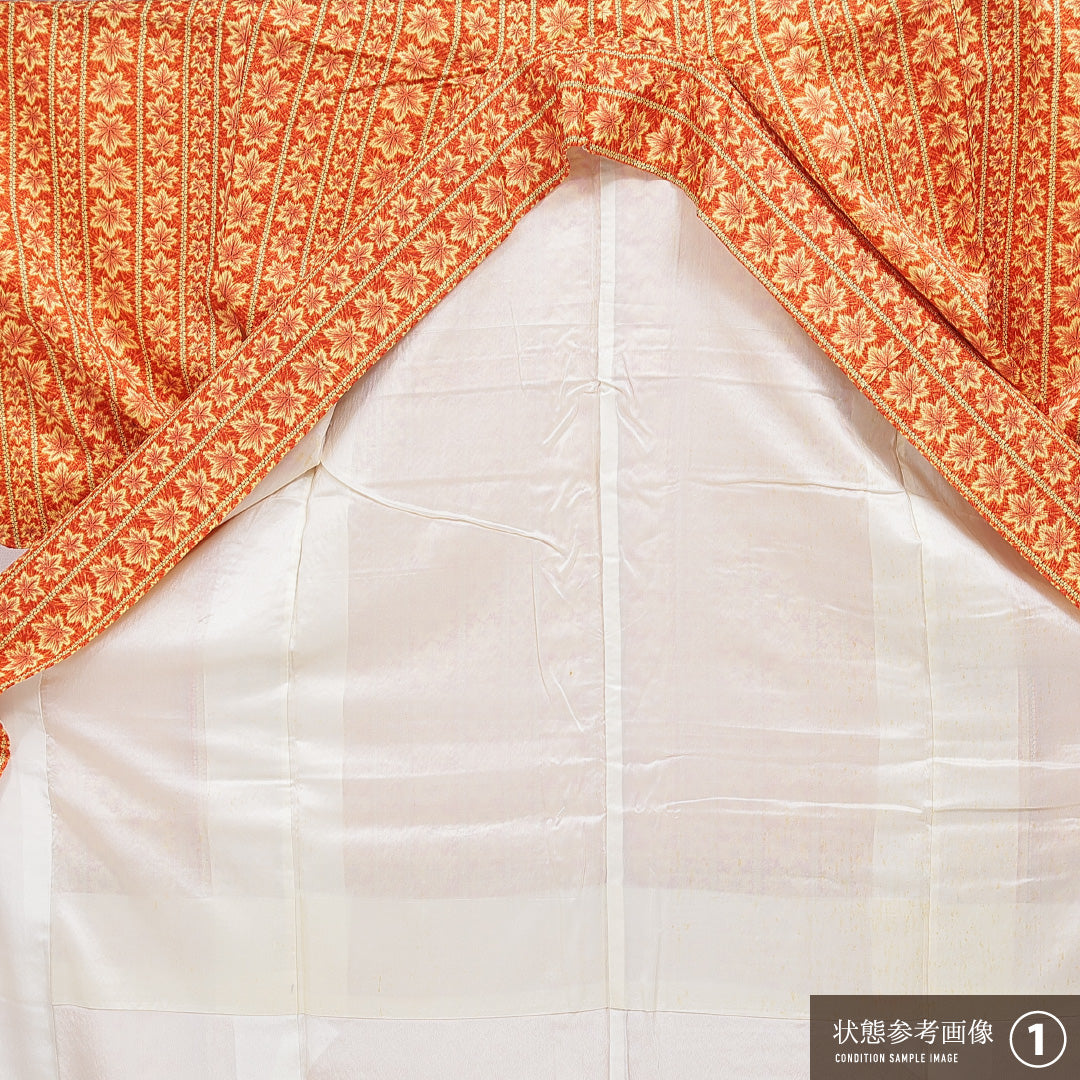 洗える着物 小紋 袷 身丈155cm 裄丈62cm ポリエステル Aランク インフォーマル 広衿 Mサイズ 紅葉 鹿の子柄 朱系 HP 1221-16268