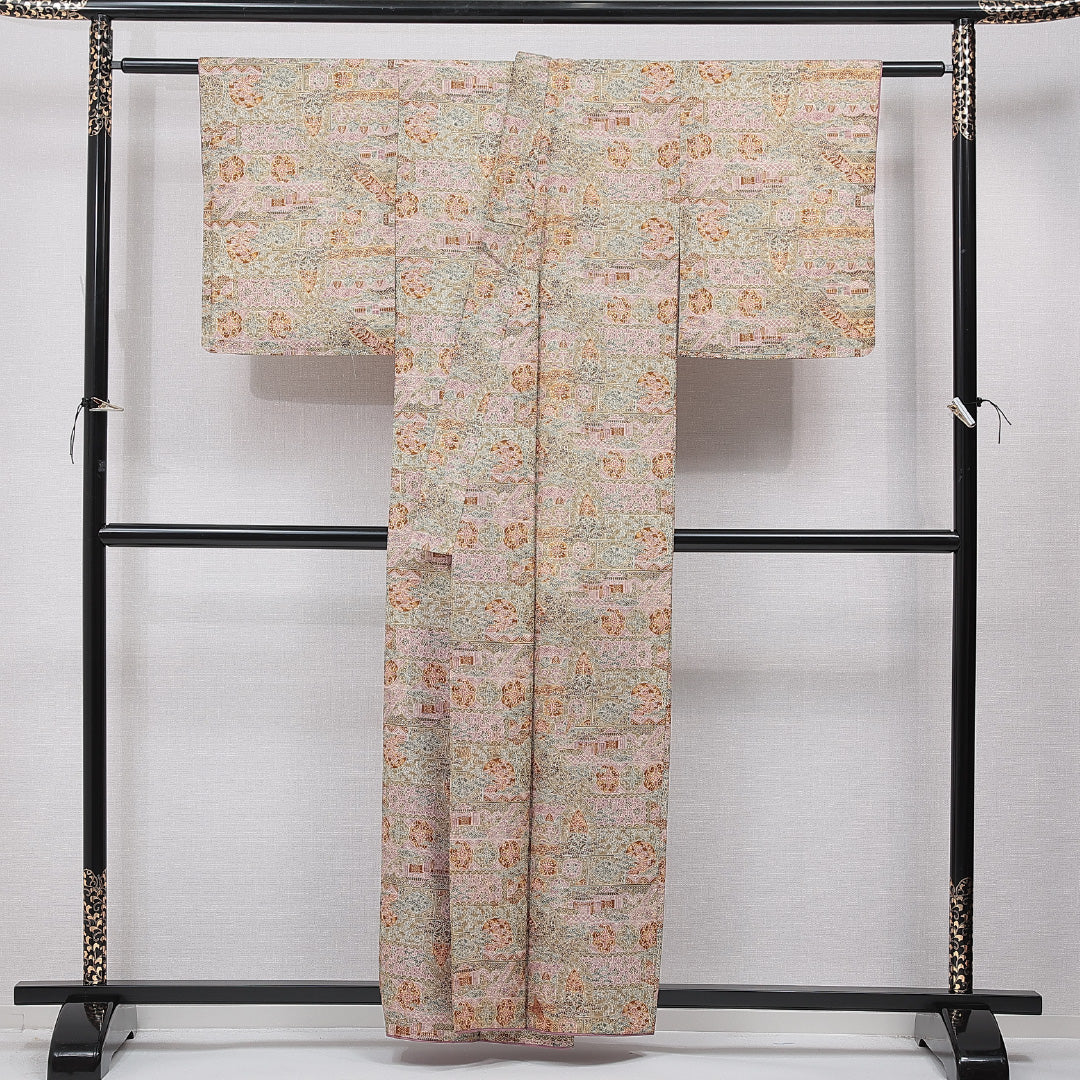 小紋 袷 身丈157cm 裄丈62cm 正絹 Cランク インフォーマル バチ衿 Mサイズ 染め紬 ぼかし染 創作柄 緑系 HP 1221-15557