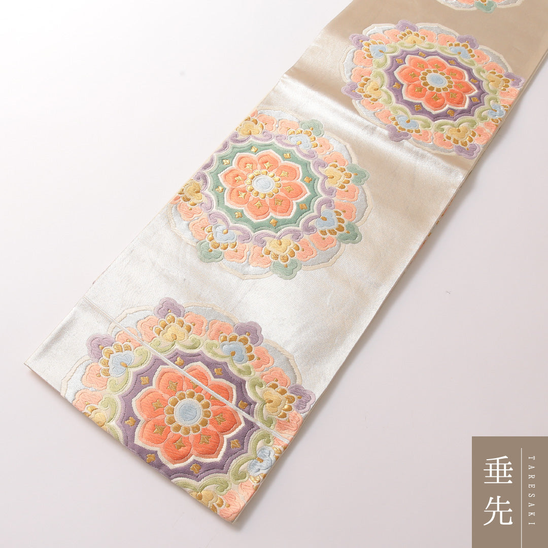 袋帯 帯丈442cm 正絹 六通 フォーマル 唐織 宝相華 銀系 1243-01866