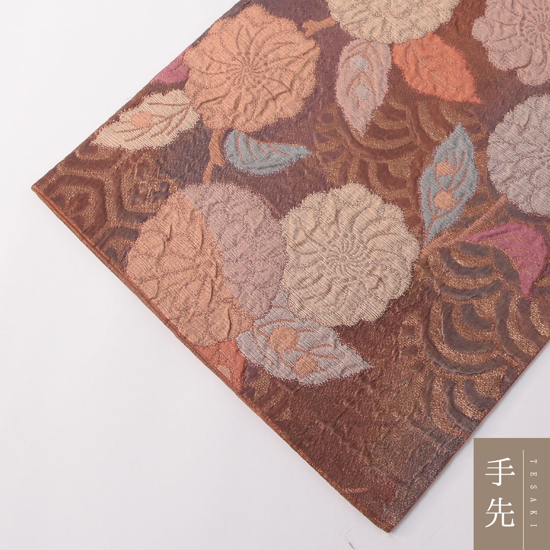 袋帯 帯丈424cm 正絹 全通 セミフォーマル 菊 吉祥文様 ピンク系 朱系 1243-01777