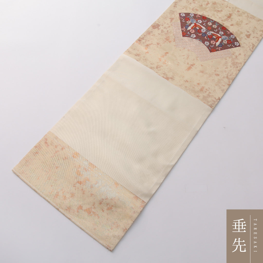 九寸名古屋帯 Sランク 帯丈353cm 正絹 ポイント柄 名古屋仕立て 織り セミフォーマル 花喰鳥 クリーム系 RP 1245-03300
