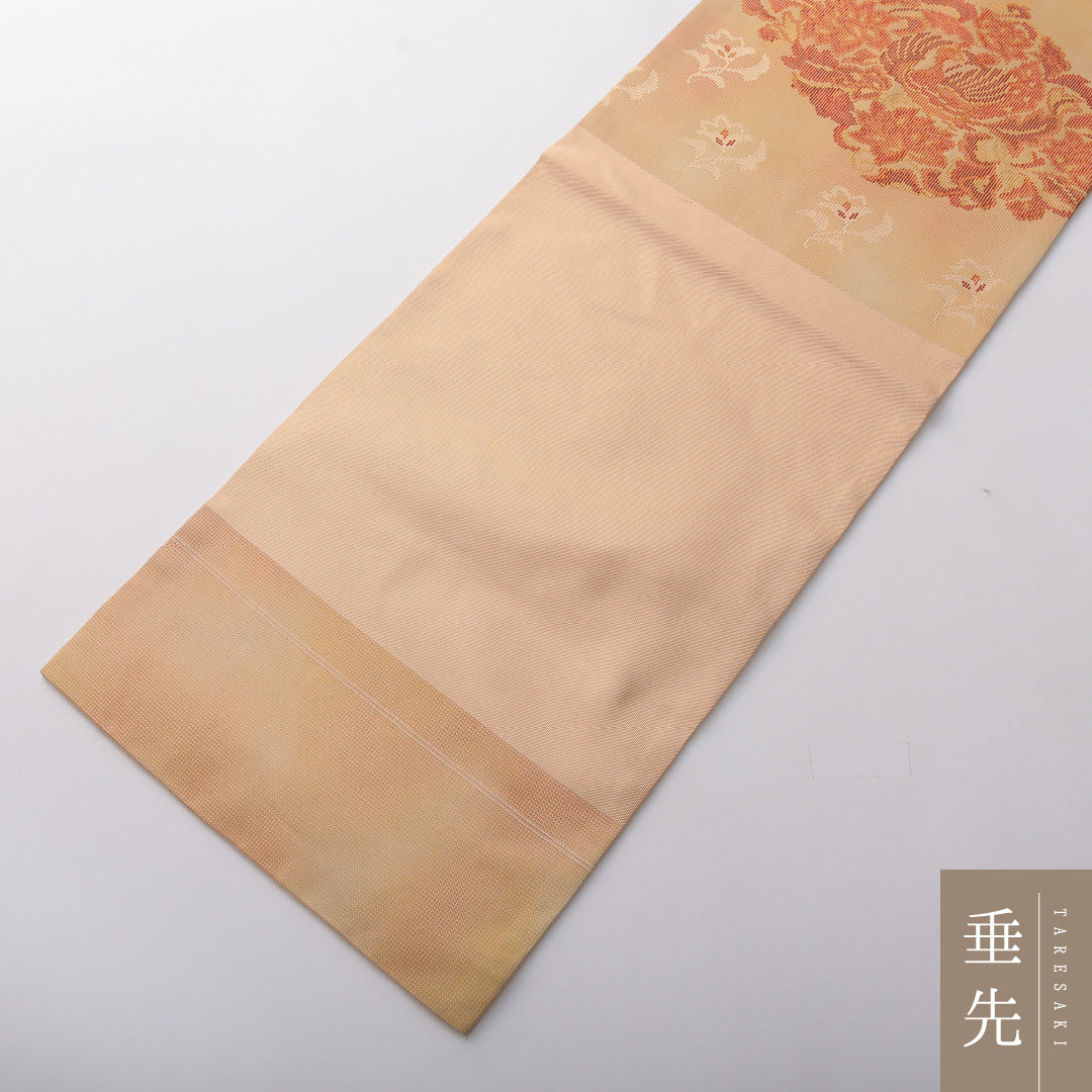 九寸名古屋帯 帯丈359cm カジュアル 名古屋仕立て ポイント柄 Dランク 正絹 鳥 ベージュ系 黄系 1224-03579