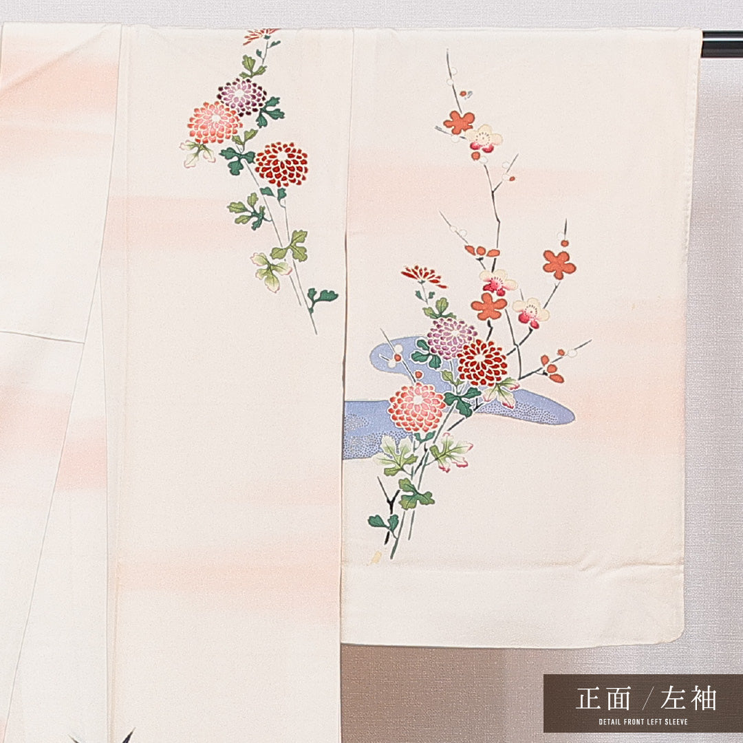 付下げ 袷 身丈156cm 裄丈62cm 正絹 Cランク Mサイズ 広衿 インフォーマル ちりめん 流水 菊 クリーム系 1261-16666