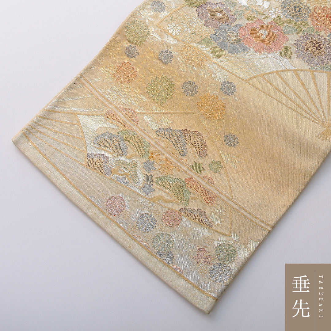 袋帯 帯丈418cm 正絹 六通 帯芯なし フォーマル 綴れ織 扇面文 金系 1243-02031