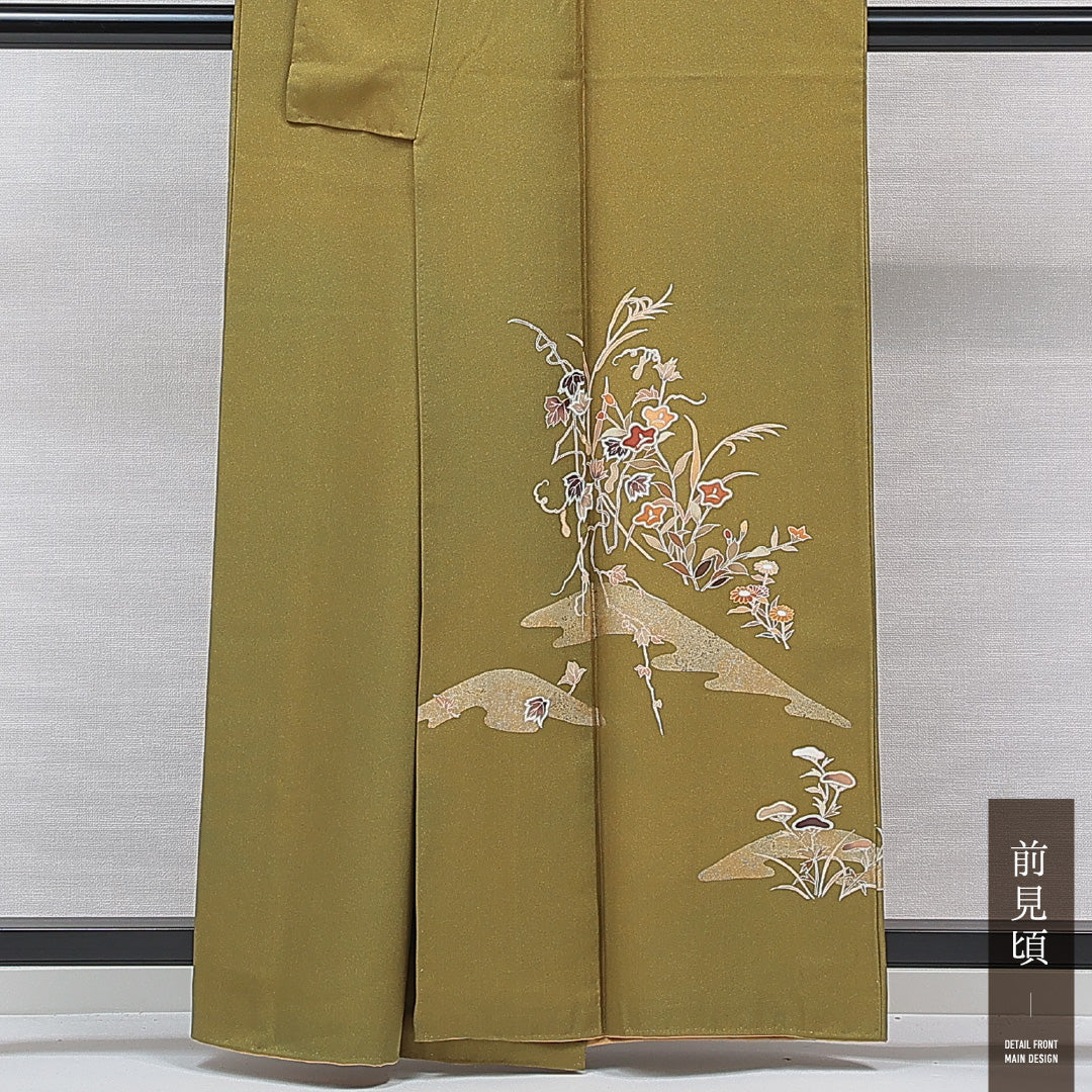 訪問着 袷 身丈158cm 裄丈64cm 正絹 Aランク セミフォーマル 広衿 Mサイズ 朝顔 緑系 RP 1217-15341