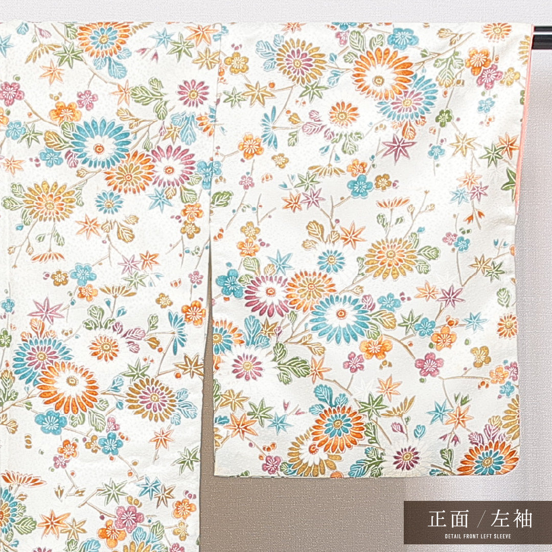 洗える着物 小紋 袷 身丈165cm 裄丈65cm ポリエステル Cランク インフォーマル 広衿 XLサイズ 菊 クリーム系 LP 1221-15954