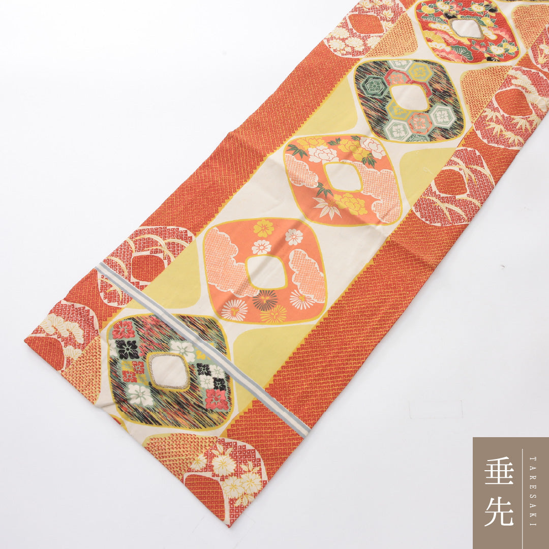 アンティーク 九寸名古屋帯 帯丈321cm 名古屋仕立て 全通 Aランク 正絹 染め帯 刺繍 花菱 橘 朱系 1224-03977