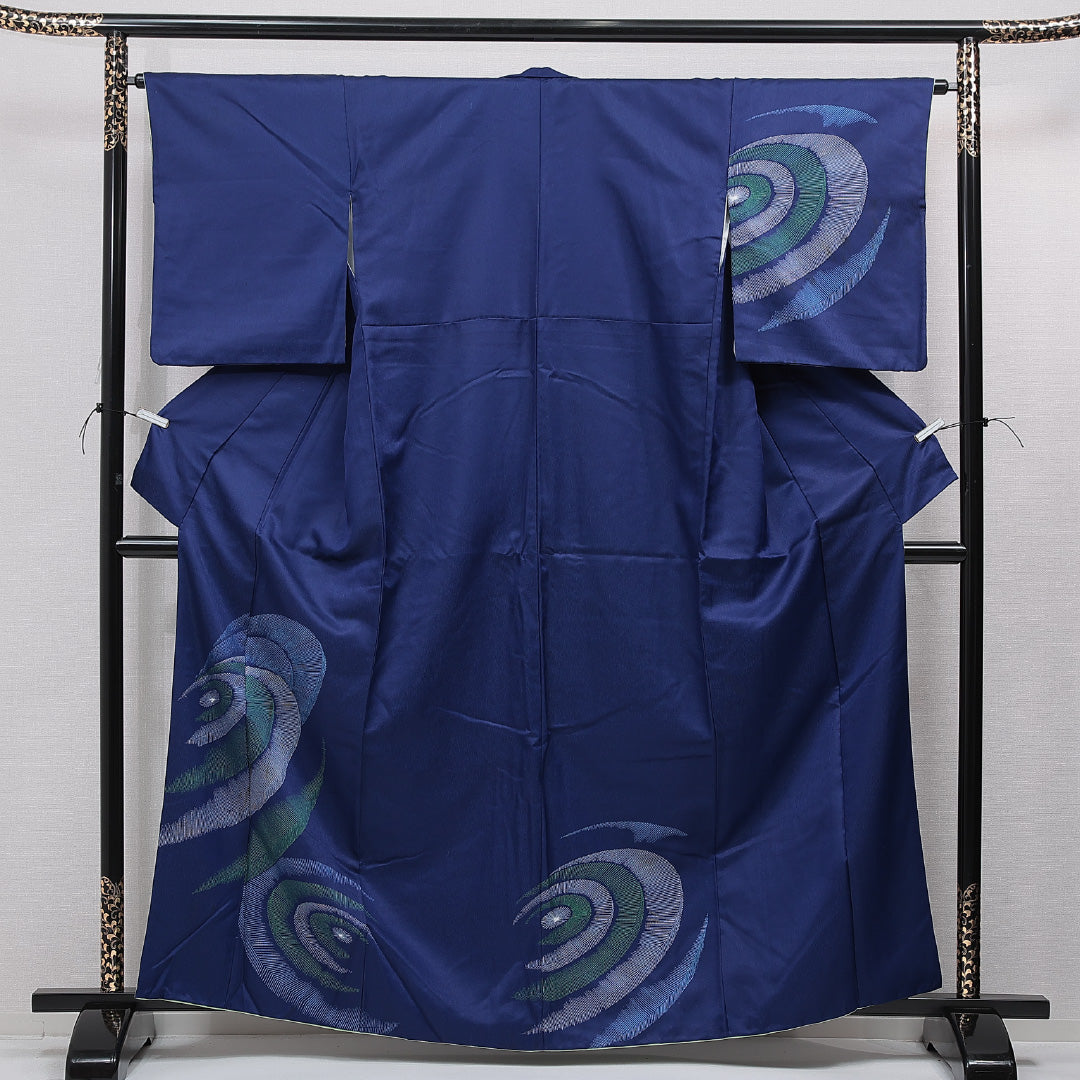 洗える着物 付下げ 袷 身丈163cm 裄丈64cm ポリエステル Aランク インフォーマル 広衿 Lサイズ 幾何学柄 青系 RP 1218-15504