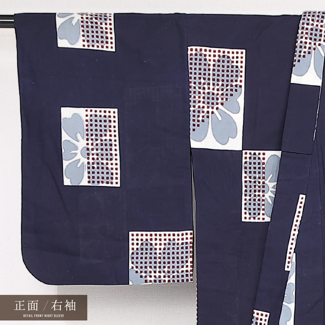 アンティーク 木綿の浴衣 夏物 洗える着物 夏物 身丈153cm 裄丈62cm 木綿 Aランク Sサイズ バチ衿 居敷当て 肩当て 花柄 紺系 1218-13184