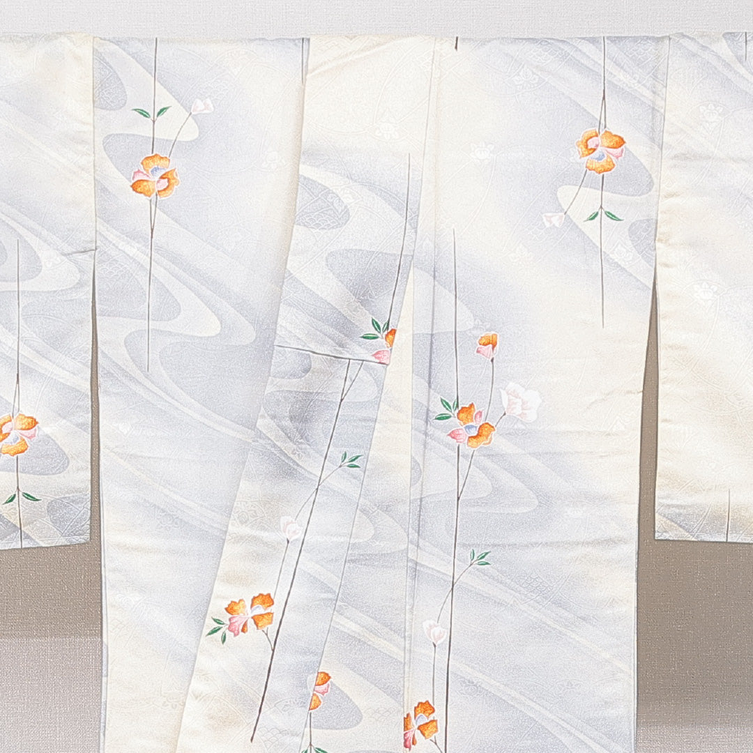 小紋 洗える着物 袷 身丈160cm 裄丈63cm ポリエステル Cランク Lサイズ 広衿 インフォーマル 青海波 花柄 クリーム系 1215-15832