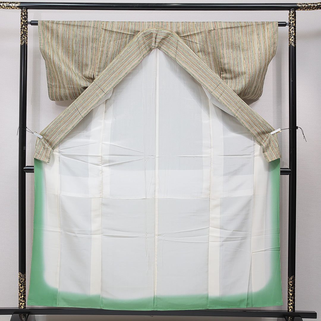 紬 袷 身丈160cm 裄丈61cm 正絹 Sランク カジュアル バチ衿 Lサイズ 縞 緑系 RP 1223-15477