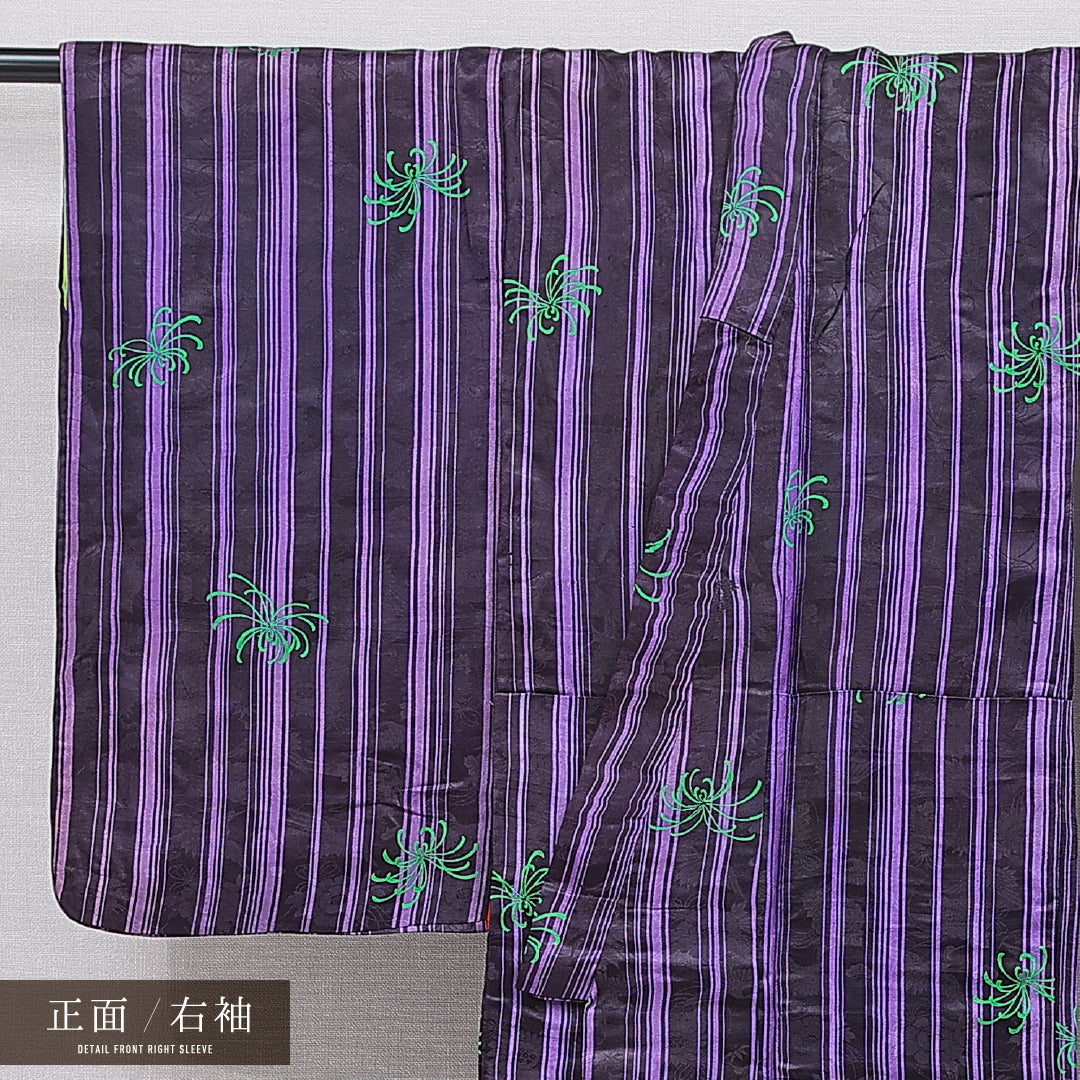 アンティーク 付下げ 袷 身丈137cm 裄丈61cm 正絹 Dランク XSサイズ バチ衿 三つ紋（丸に太九枚笹） 縞 黒系 1261-16743