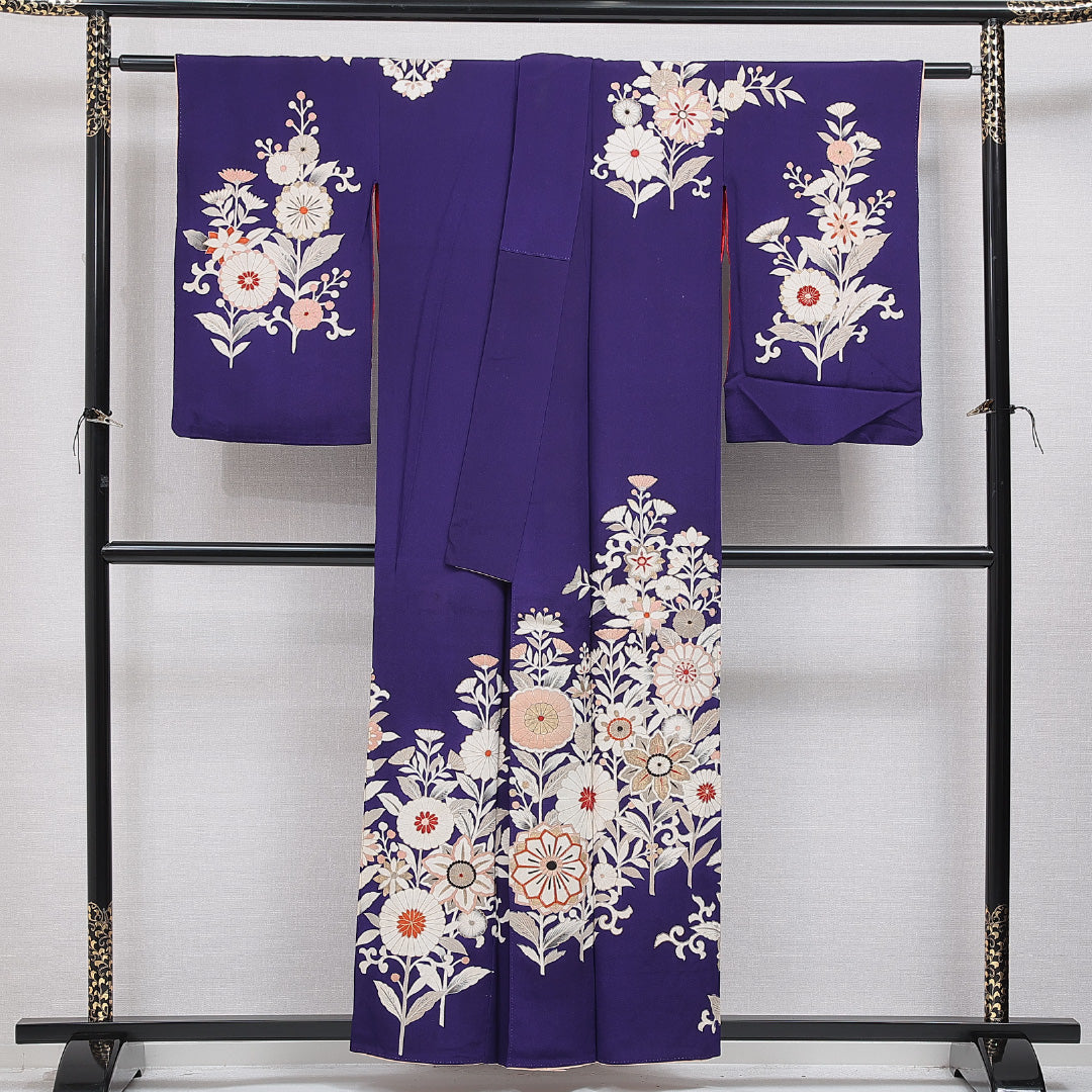 アンティーク 訪問着 袷 身丈156cm 裄丈61cm 正絹 Bランク Mサイズ 広衿 花柄 金彩 紫系 1212-15973